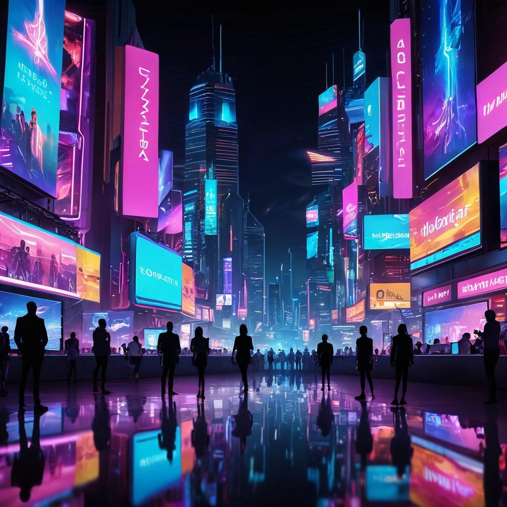A futuristic city skyline illuminated by neon lights, showcasing a blend of technology and entertainment, with holographic displays of interactive media in the foreground. Include diverse silhouettes of adults engaging with media devices, reflecting a vibrant nightlife atmosphere. Capture the essence of innovation and evolution in the adult entertainment industry. cyberpunk. vibrant colors. 3D.