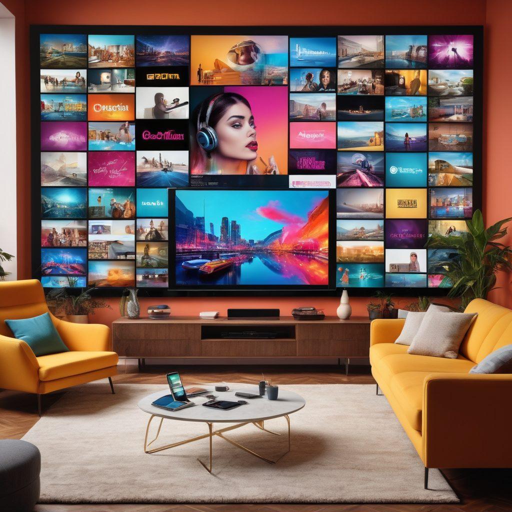 A dynamic collage featuring a modern living room with a large screen displaying adult content streaming. Various devices like smartphones and tablets scattered around with diverse viewers engaged. Include elements showcasing technology such as VR headsets and smart TVs, enhancing the theme of evolution in adult entertainment. Subtle hints of the internet and modern society in the backdrop. vibrant colors. digital art. sleek design.