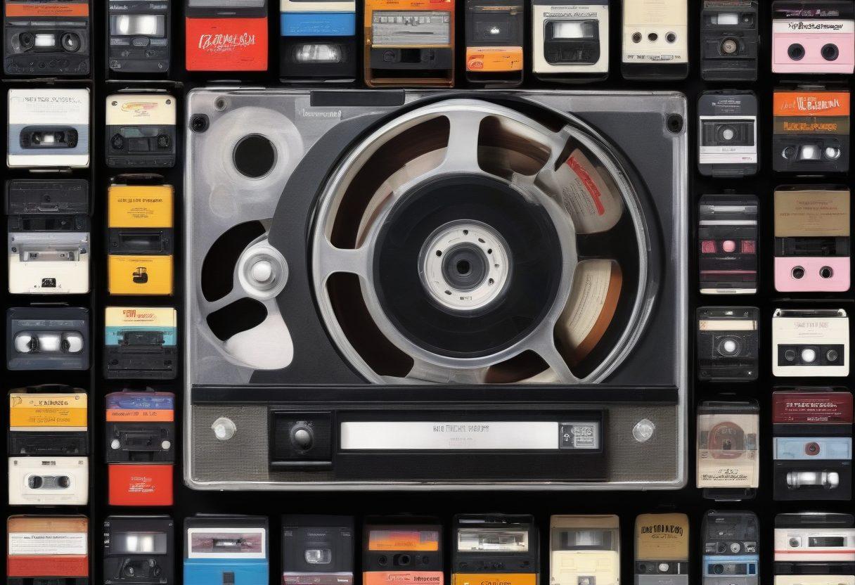 A visually striking collage illustrating the evolution of adult entertainment, featuring a vintage film reel, an old-school video cassette, and a sleek modern streaming interface. Include a timeline that weaves through the image, showcasing iconic scenes from different eras in a stylish, minimalist design. Incorporate subtle lighting effects to evoke a sense of nostalgia and modernity. vibrant colors. 3D.